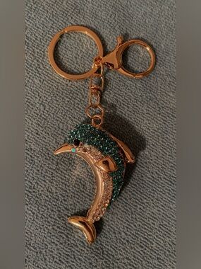 Gold Dolphin Keychain with Teal and Clear Crystals
